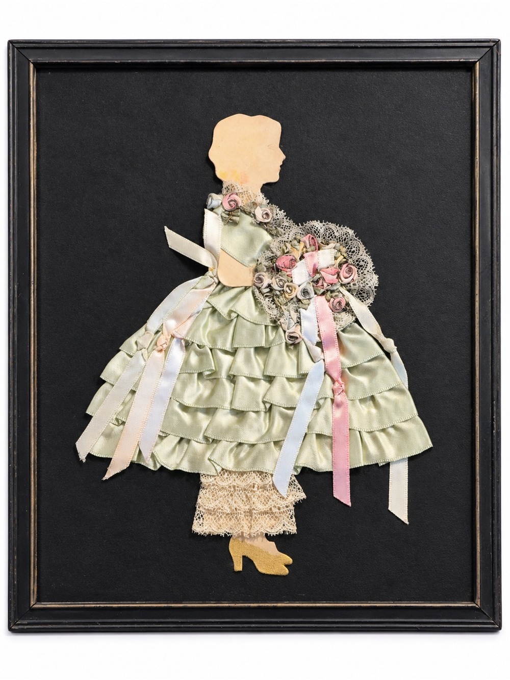 1930s Vintage Ribbon Art Victorian Lady Satin Lace Paper Doll Framed 11.5”